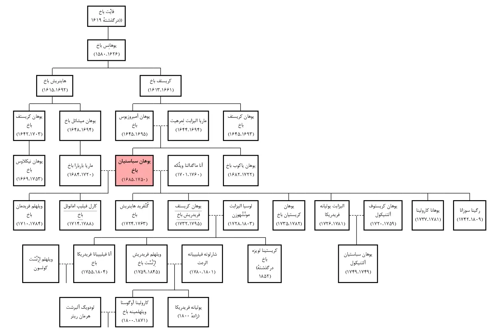 بخشی از شجرنامه خانوادگی باخ که می‌تواند تایید کننده نظریه گالتون درباره هوش و استعداد باشد